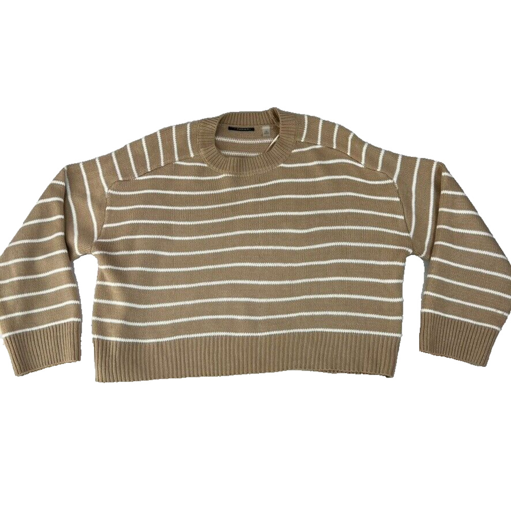 Tahari Sweater Womens Large Brown White Cropped Stripes Loose Boxy Fit Crew Neck
